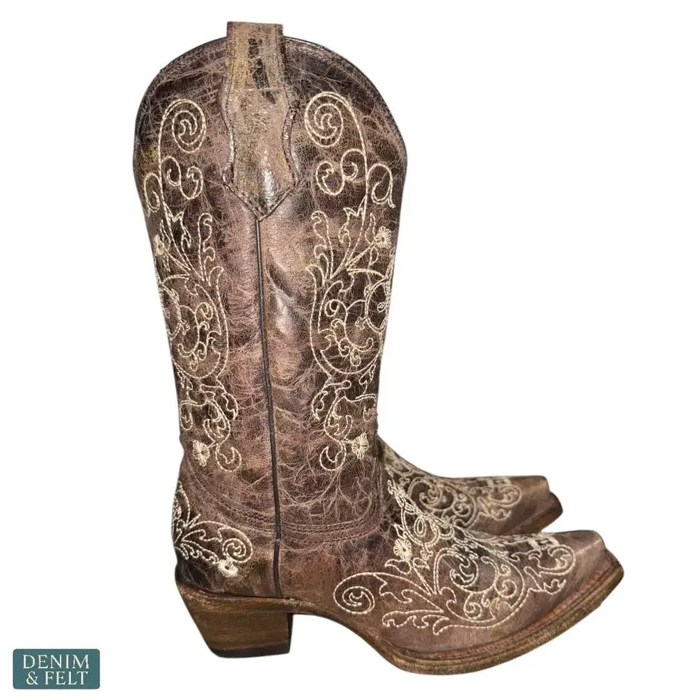 Corral‎ Youth Embroidered Snip Toe Cowboy Western Boots Cowhide Leather Size 3.5